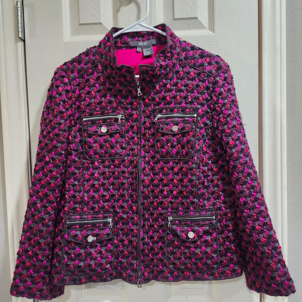 Per Se Women Pink Purple Black Virgin Wool Blend Zip Up Knit Moto Jacket Size 12